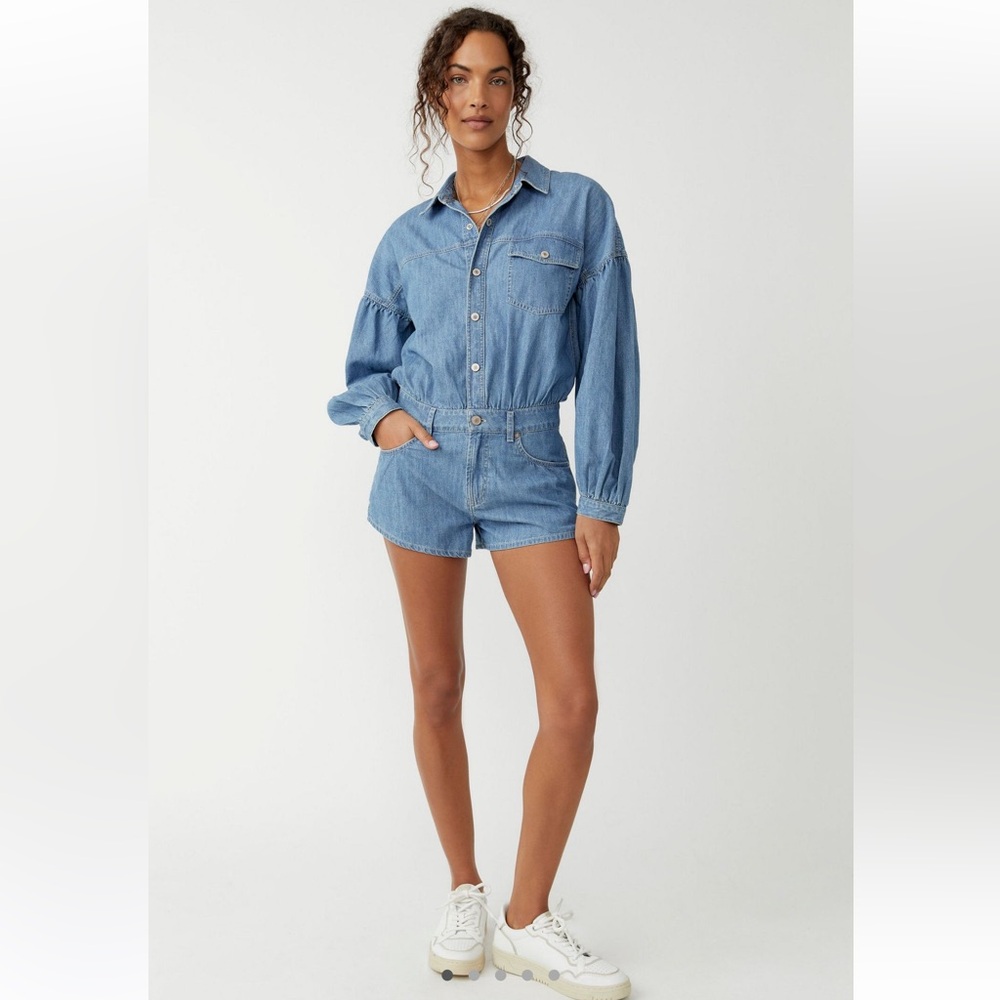Free Poeple Zodiac Chambray One Piece Denim Long Sleeve Romper Size S